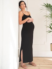 Seraphine Crepe Shirred Bodice Maxi Black Maternity Dress - Image 3 of 9