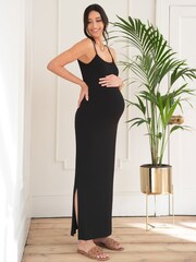Seraphine Crepe Shirred Bodice Maxi Black Maternity Dress - Image 7 of 9