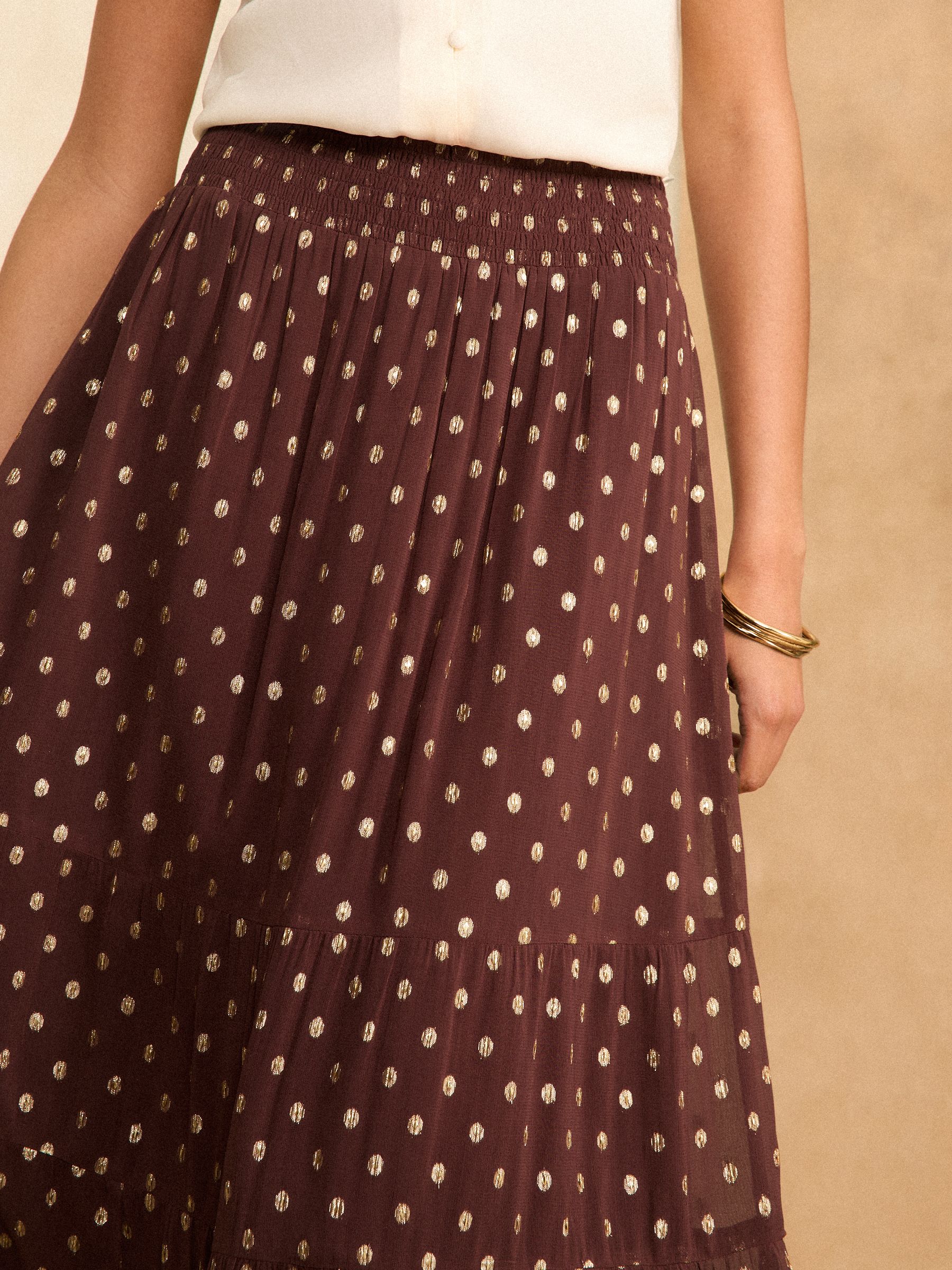 Love Roses Brown Polka Dot Metallic Tiered Maxi Skirt