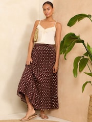 Love & Roses Brown Polka Dot Metallic Tiered Maxi Skirt - Image 3 of 4