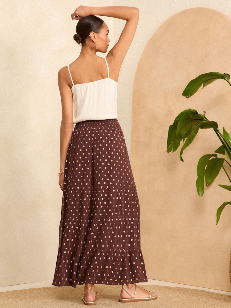 Love & Roses Brown Polka Dot Metallic Tiered Maxi Skirt - Image 4 of 4