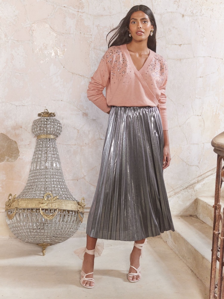 Love & Roses Grey Pleated Lame Midi Skirt - Image 1 of 4