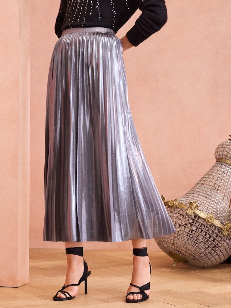 Love & Roses Grey Pleated Lame Midi Skirt - Image 2 of 4