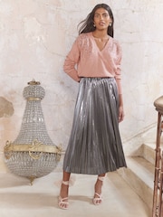 Love & Roses Pleated Lame Midi Skirt - Image 1 of 4