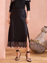 ENB | Love & Roses Black Lace Hem Satin Midaxi Skirt - Image 1 of 4