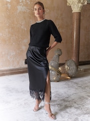 ENB | Love & Roses Black Lace Hem Satin Midaxi Skirt - Image 2 of 4