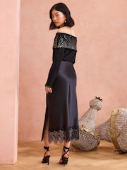 ENB | Love & Roses Black Lace Hem Satin Midaxi Skirt - Image 4 of 4