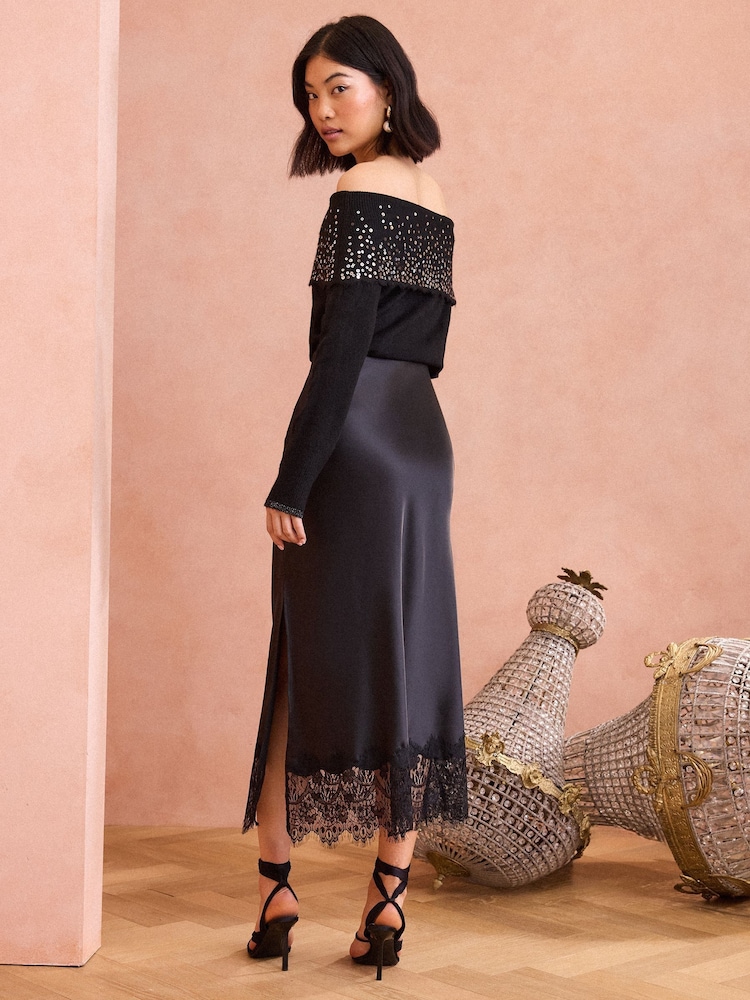 ENB | Love & Roses Black Lace Hem Satin Midaxi Skirt - Image 4 of 4