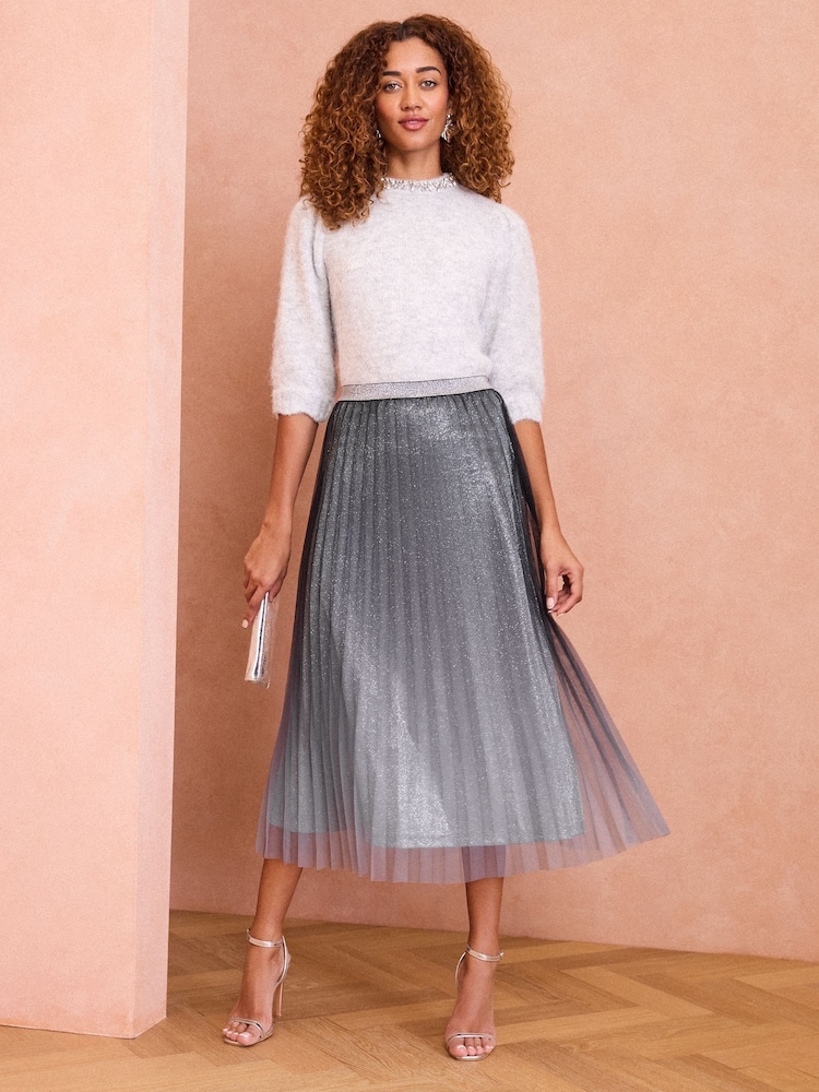 Love & Roses Grey Glitter Mesh Full Midaxi Skirt - Image 2 of 4