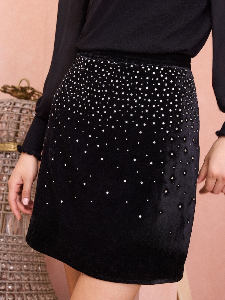 Love & Roses Black Hotfix Embellished Velvet Mini Skirt - Image 2 of 5 Love & Roses Black Hotfix Embellished Velvet Mini Skirt - Image 2 of 5