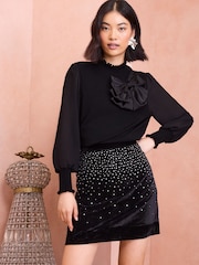 Love & Roses Black Hotfix Embellished Velvet Mini Skirt - Image 3 of 5