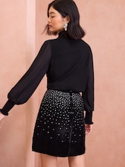 Love & Roses Black Hotfix Embellished Velvet Mini Skirt - Image 5 of 5
