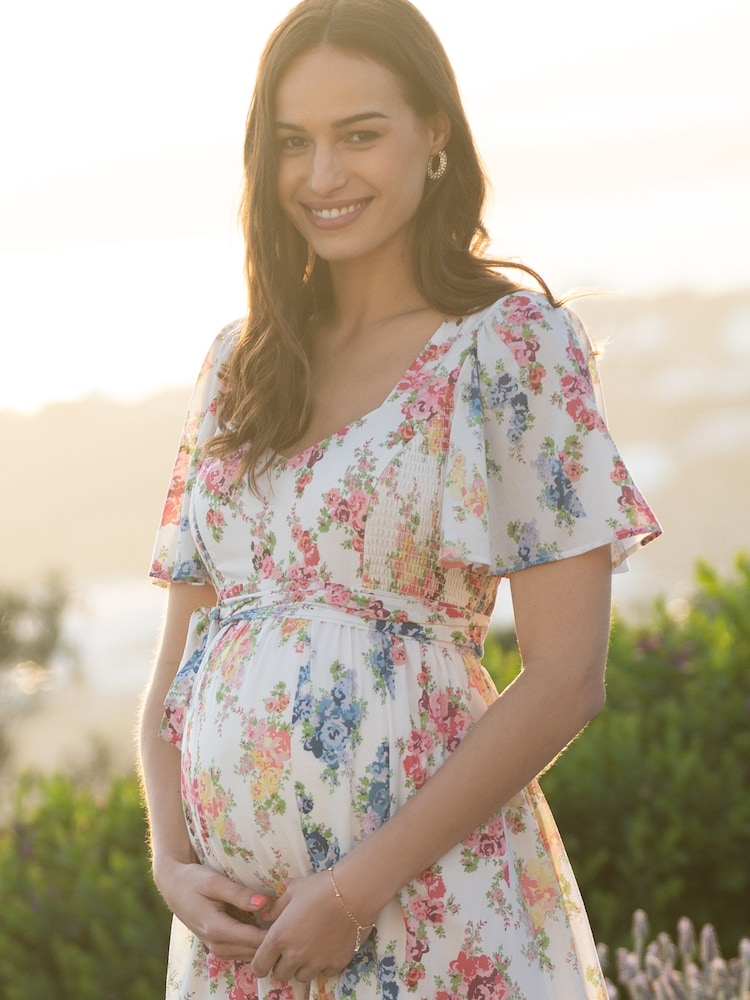 Seraphine Cream Vintage Floral Maternity & Nursing Dress - Image 3 of 11