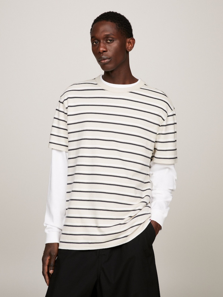 Tommy Hilfiger Cream Stripe Crew Neck T-Shirt - Image 1 of 6