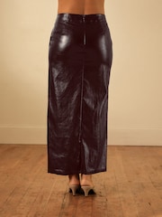 Burgundy Red PU Faux Fur Leather Glossy Column Skirt - Image 2 of 6