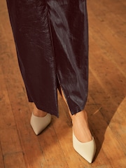 Burgundy Red PU Faux Fur Leather Glossy Column Skirt - Image 3 of 6