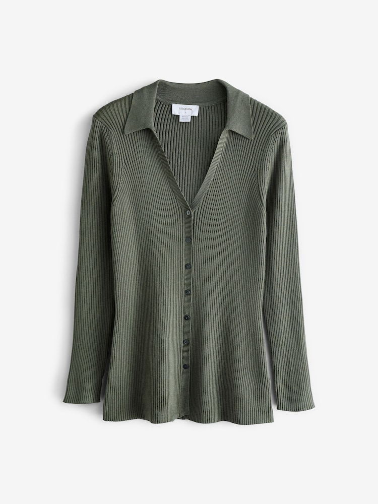 Seraphine Green Rib Knitted Button Up Maternity Cardigan With Collar Detail - Image 8 of 8 Seraphine Green Rib Knitted Button Up Maternity Cardigan With Collar Detail - Image 8 of 8