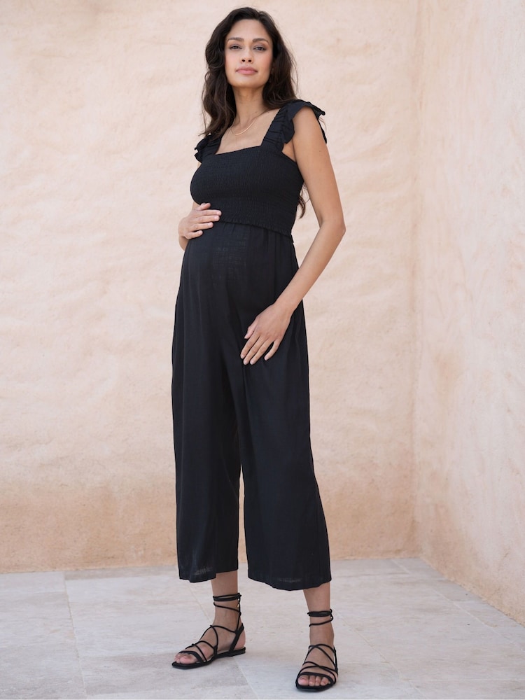 Seraphine Linen-Blend Maternity-To-Nursing Black Jumpsuit - Image 1 of 9