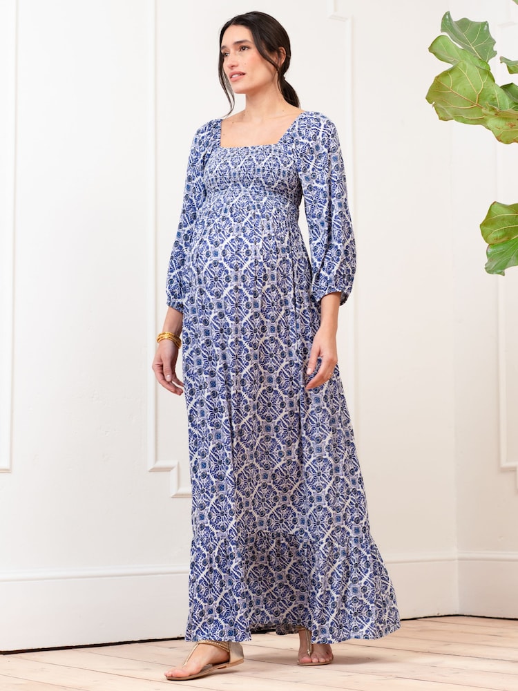 Seraphine Blue Crepe Shirred Bodice Maternity Maxi Dress - Image 2 of 9 Seraphine Blue Crepe Shirred Bodice Maternity Maxi Dress - Image 2 of 9