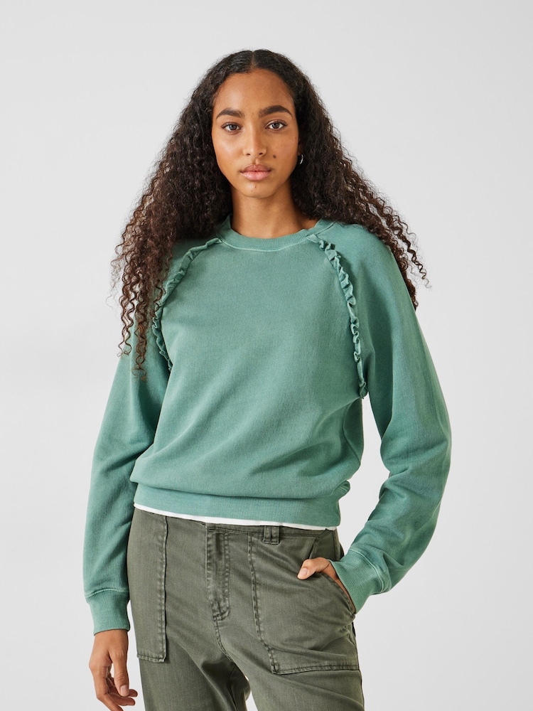 Hush Green 100% Cotton Amayah Ruffle Detail Sweatshirt - Image 1 of 5