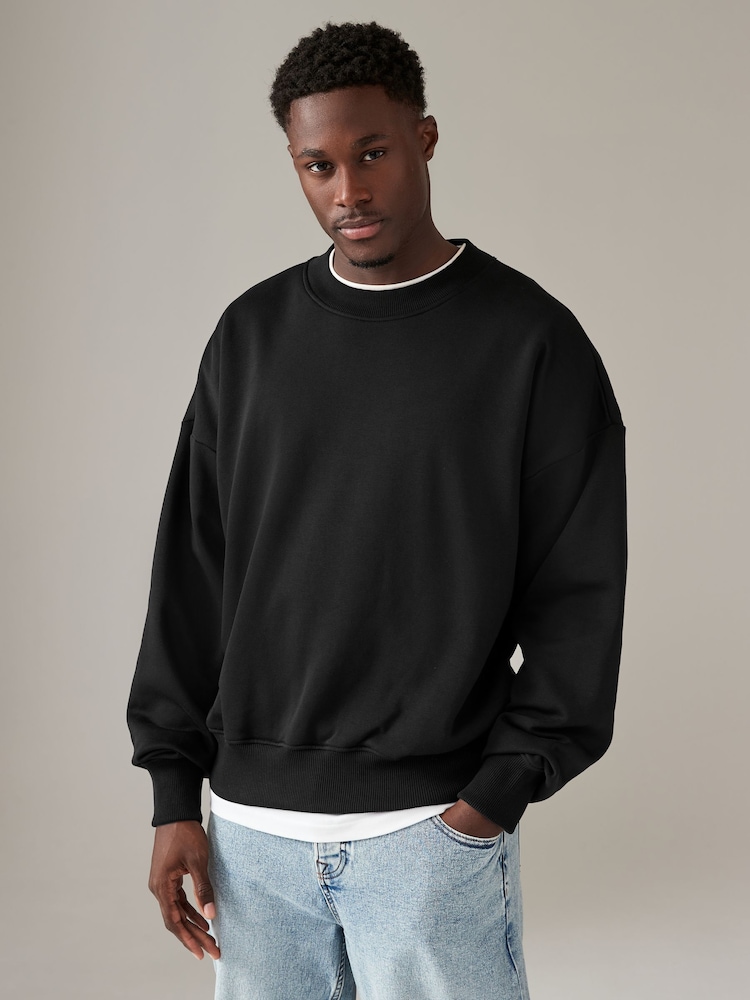 Black Oversized Cotton Rich Jersey Crew Sweatshirt - Image 1 of 7