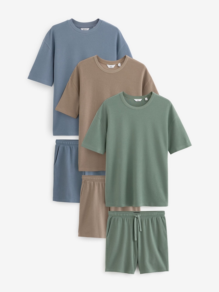 Stone/Blue/Green Textured Coord 100% Cotton T-Shirt And Shorts Set 3 Pack - Image 1 of 10 Stone/Blue/Green Textured Coord 100% Cotton T-Shirt And Shorts Set 3 Pack - Image 1 of 10
