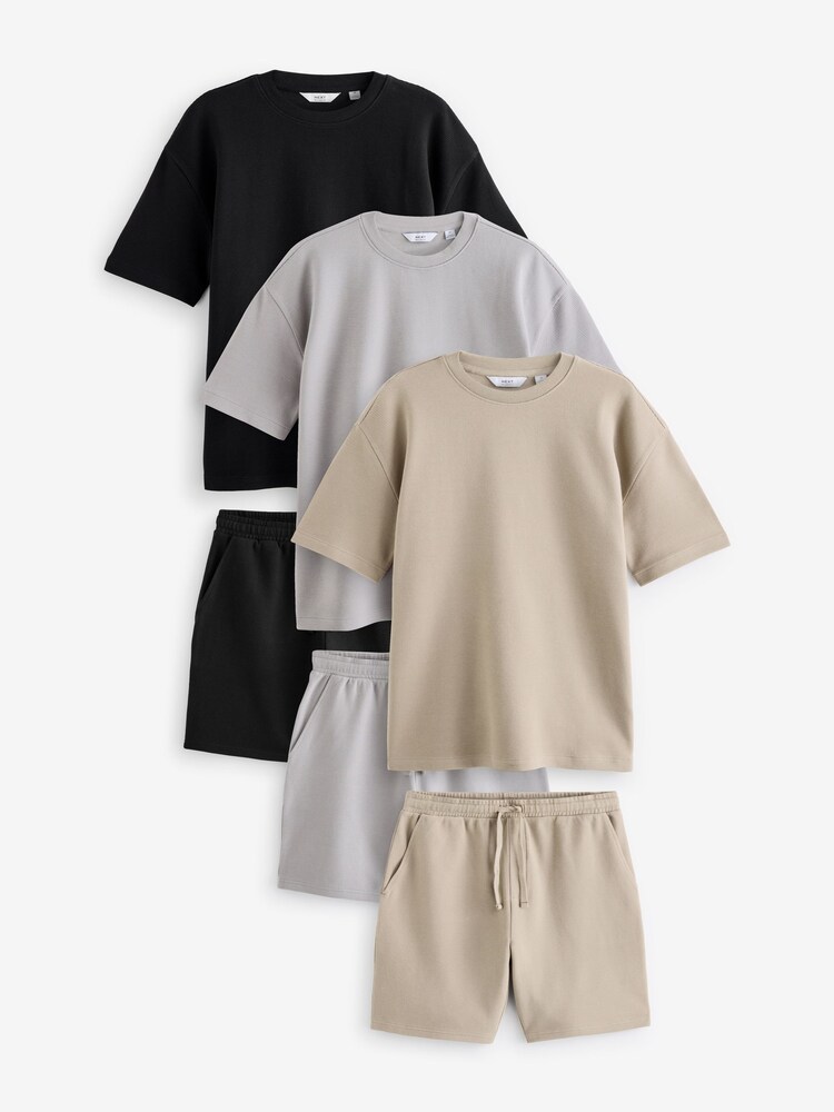 Black/Grey/Neutral Textured Coord 100% Cotton T-Shirt And Shorts Set 3 Pack - Image 1 of 16 Black/Grey/Neutral Textured Coord 100% Cotton T-Shirt And Shorts Set 3 Pack - Image 1 of 16