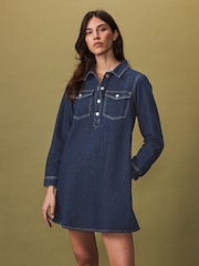 Rinse-Waschung, Blau - Half Placket Denim 100% Cotton Mini Dress - Bild 1 von 7