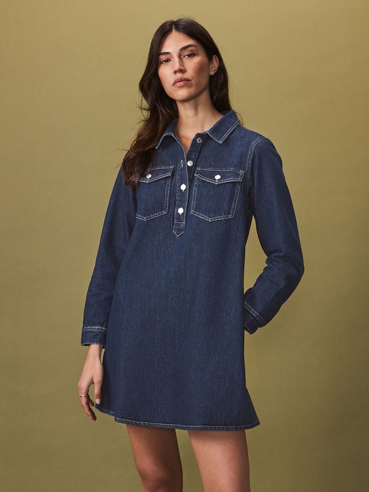Rinse-Waschung, Blau - Half Placket Denim 100% Cotton Mini Dress - Bild 1 von 7