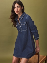 Rinse-Waschung, Blau - Half Placket Denim 100% Cotton Mini Dress - Bild 3 von 7