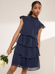 Lipsy Navy Blue Flutter Sleeve Tiered Occasion Dress (7-16yrs) - Image 1 of 6