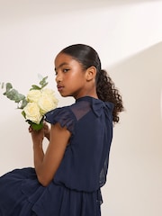 Lipsy Navy Blue Flutter Sleeve Tiered Occasion Dress (7-16yrs) - Image 2 of 6