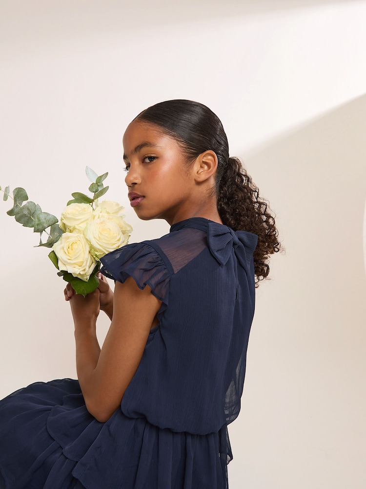 Lipsy Navy Blue Flutter Sleeve Tiered Occasion Dress (7-16yrs) - Image 2 of 6