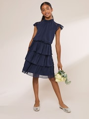 Lipsy Navy Blue Flutter Sleeve Tiered Occasion Dress (7-16yrs) - Image 3 of 6