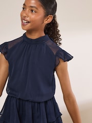 Lipsy Navy Blue Flutter Sleeve Tiered Occasion Dress (7-16yrs) - Image 4 of 6