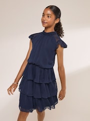Lipsy Navy Blue Flutter Sleeve Tiered Occasion Dress (7-16yrs) - Image 5 of 6