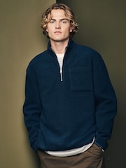 Navy Blue Wool Blend Zip Neck Sweatshirt - Image 1 of 7