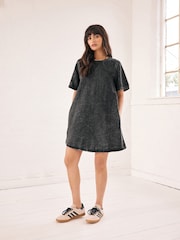 Washed Black 100% Cotton Short Sleeve Denim T-Shirt Dress - Image 1 of 7