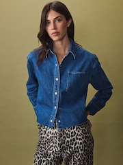 Azul oscuro - Camisa vaquera corta de algodón 100 % con bajo sin rematar - Imagen 3 de 7