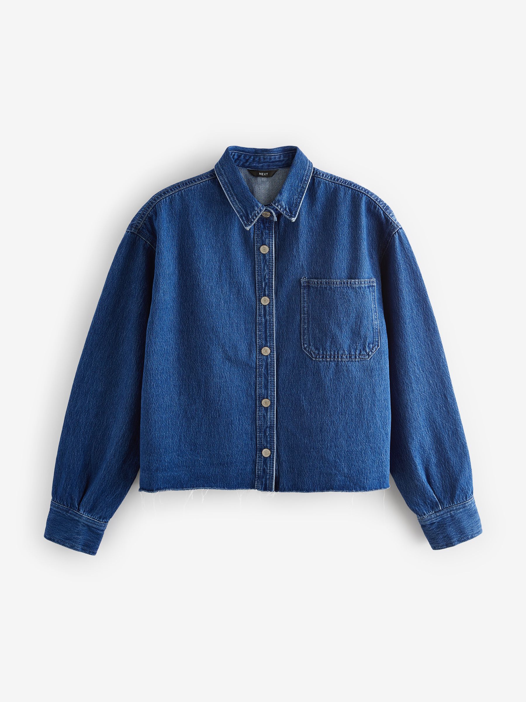Buy Dark Blue Raw Hem Cropped Denim 100% Cotton Shirt from