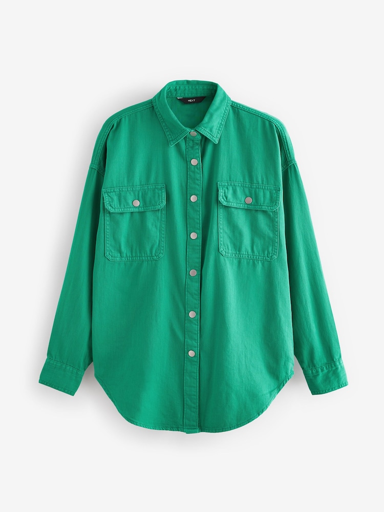 Green Print Oversized Denim 100% Cotton Shirt - Image 5 of 6