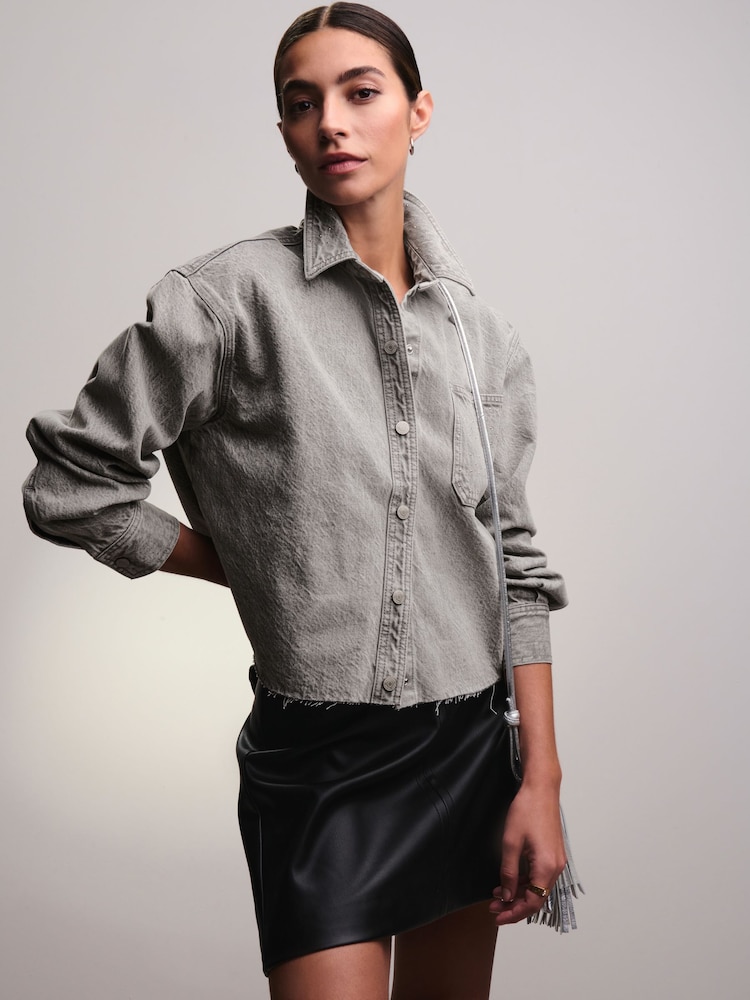 Grey Raw Hem Cropped Denim 100% Cotton Shirt - Image 1 of 8