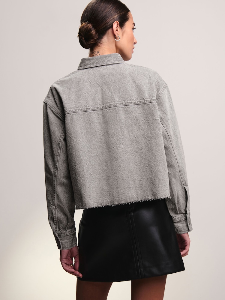 Grey Raw Hem Cropped Denim 100% Cotton Shirt - Image 2 of 8