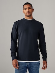 Navy Blue Texture Long Sleeve Mock Layer Jumper - Image 1 of 7