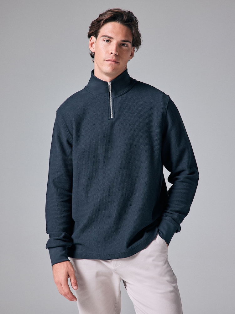 Navy Blue Marl Long Sleeve Textured Quarter Zip Jumper - Image 2 of 8