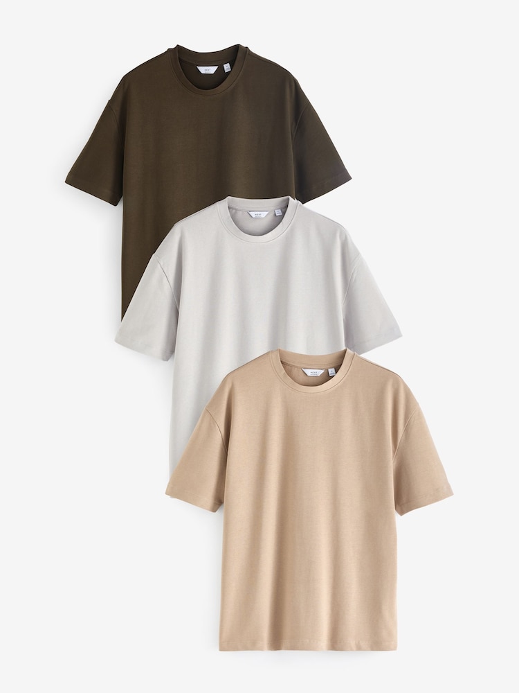 Grey/Khaki Green/Stone Relaxed Fit Heavyweight T-Shirts 3 Pack - Image 1 of 14
