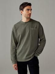 Khaki Green Long Sleeve Garment Dye Heavyweight 100% Cotton T-Shirt - Image 1 of 7