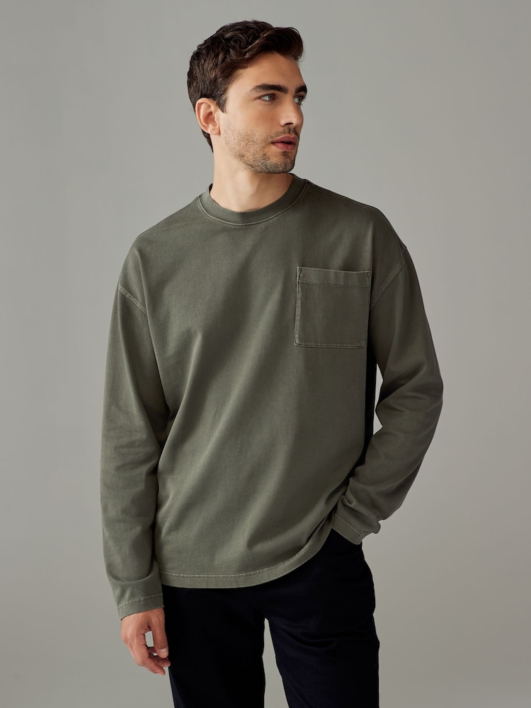 Khaki Green Long Sleeve Garment Dye Heavyweight 100% Cotton T-Shirt - Image 1 of 7