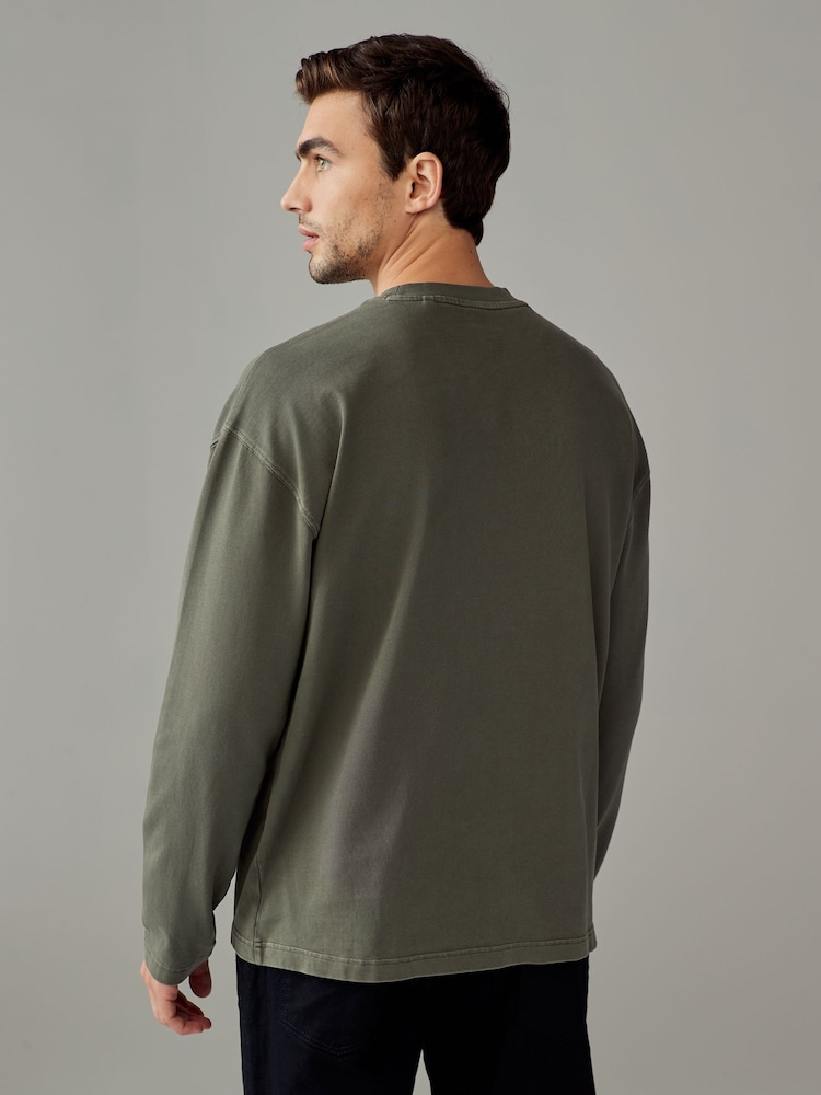 Khaki Green Long Sleeve Garment Dye Heavyweight 100% Cotton T-Shirt - Image 2 of 7