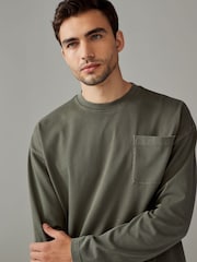 Khaki Green Long Sleeve Garment Dye Heavyweight 100% Cotton T-Shirt - Image 4 of 7